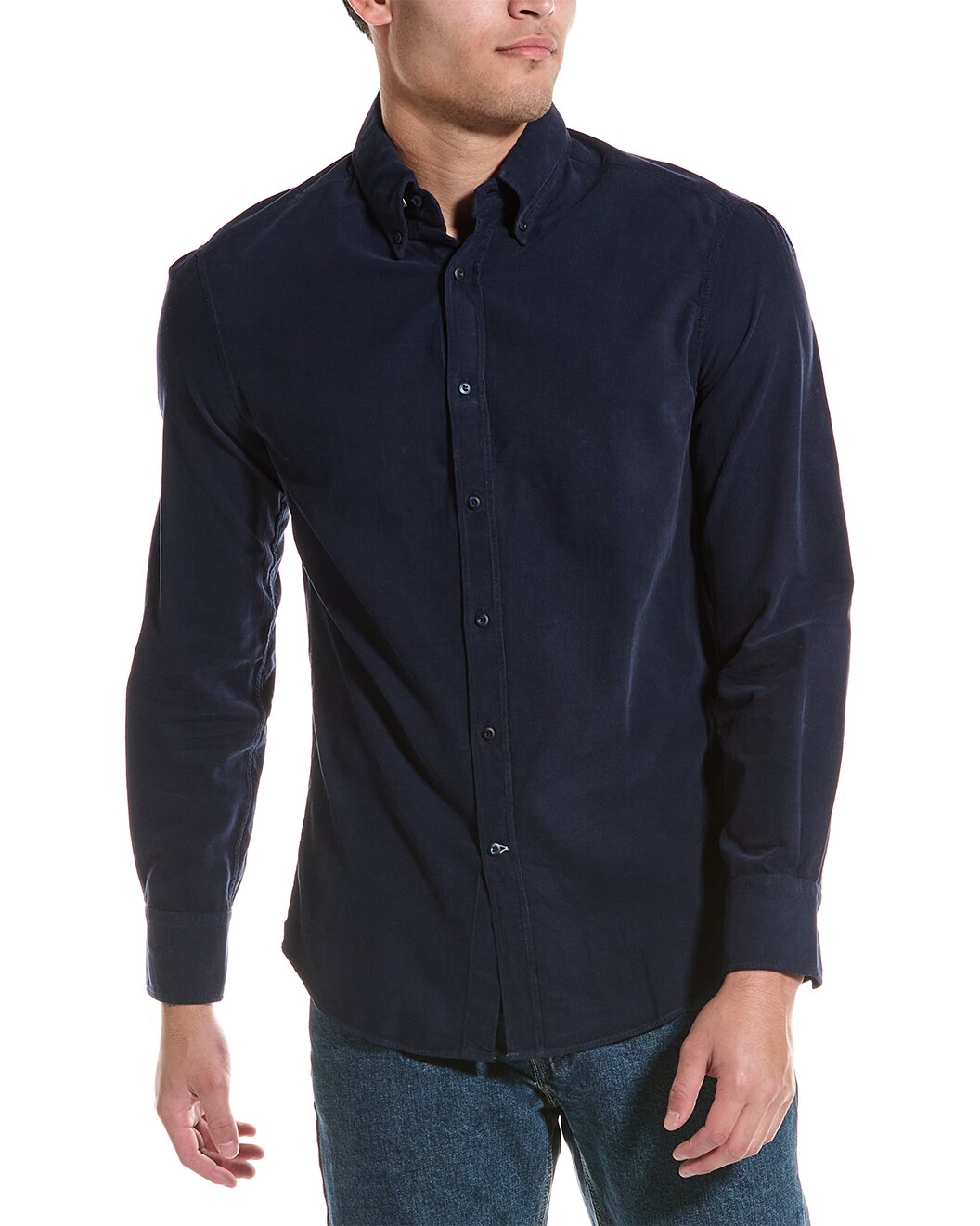BRUNELLO CUCINELLI MEN'S COLORFUL BLUE COTTON BUTTON DOWN SHIRT