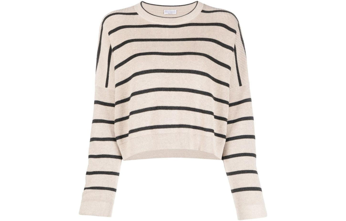 BRUNELLO CUCINELLI WOMEN'S LIGHT CAMEL STRIPED CROP SWEATER