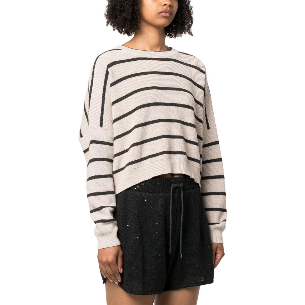 BRUNELLO CUCINELLI WOMEN'S LIGHT CAMEL STRIPED CROP SWEATER