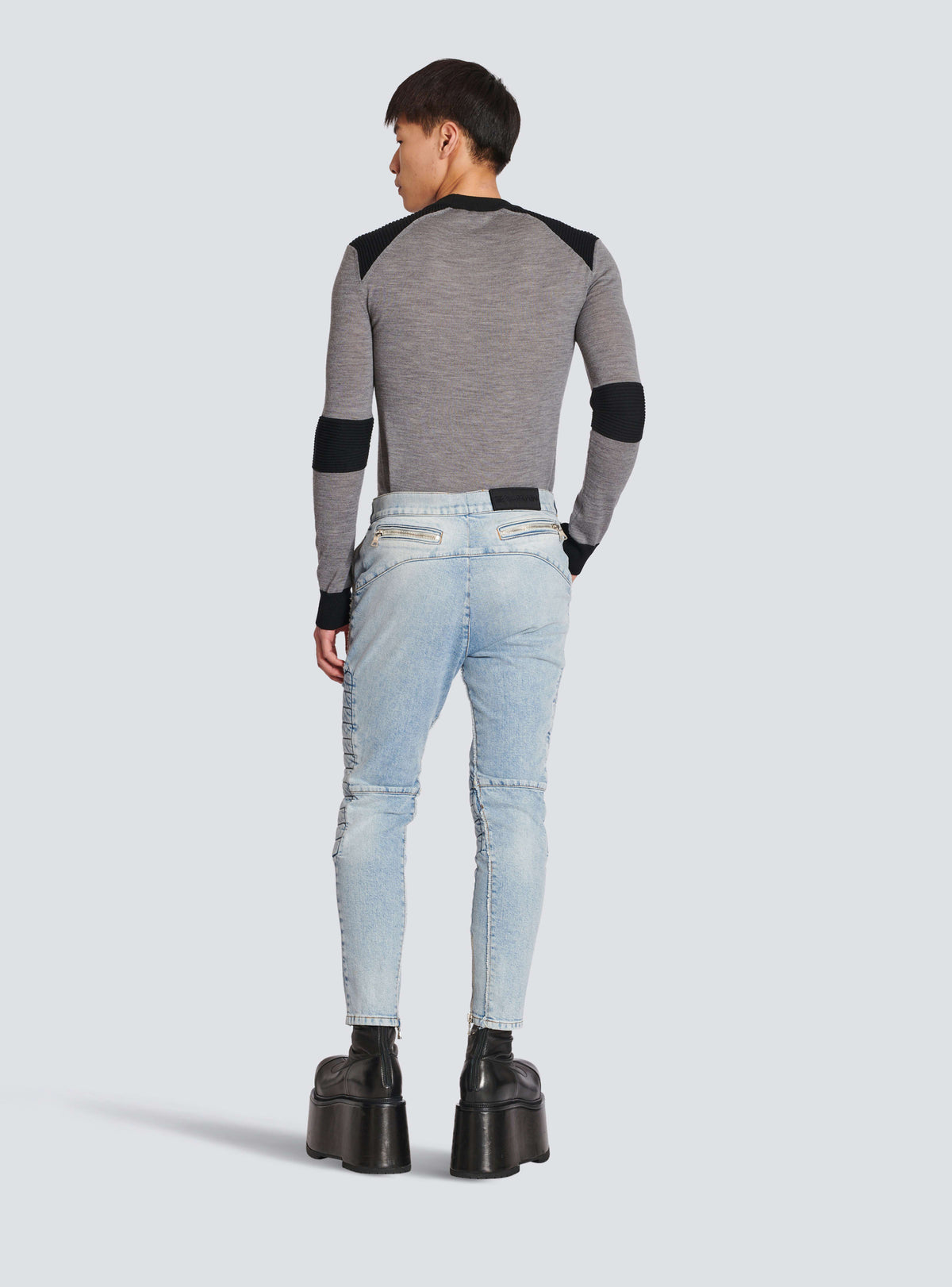 BALMAIN MEN'S LIGHT BLUE DENIM SLIM TROUSERS