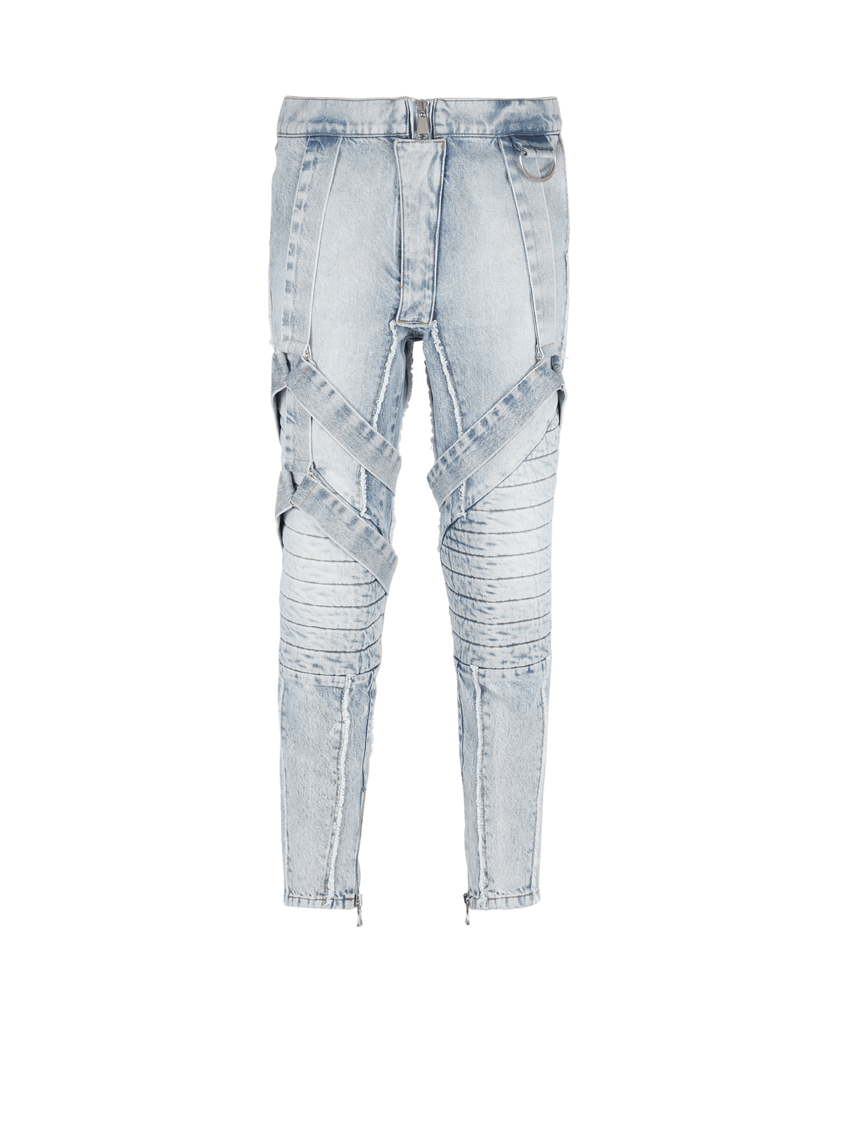 BALMAIN MEN'S LIGHT BLUE MULTI-STRAP DENIM PANTS