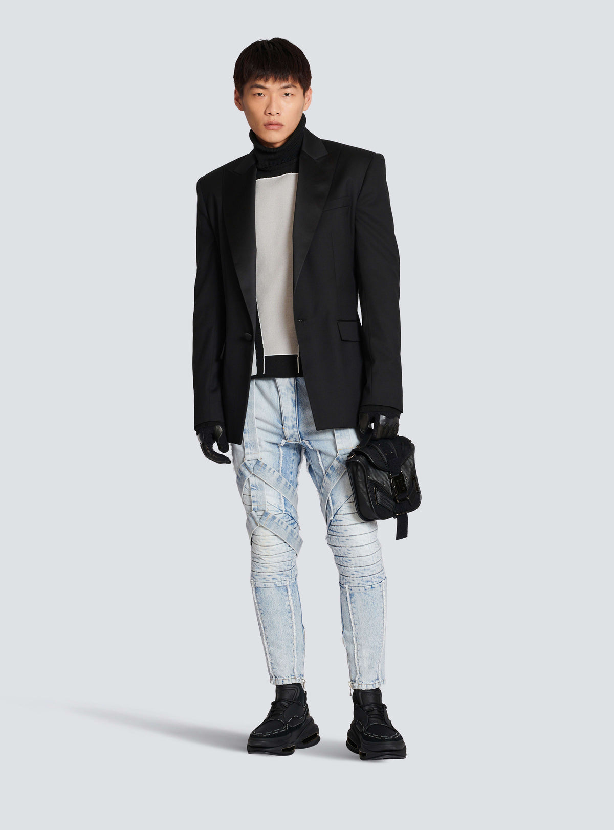 BALMAIN MEN'S LIGHT BLUE MULTI-STRAP DENIM PANTS