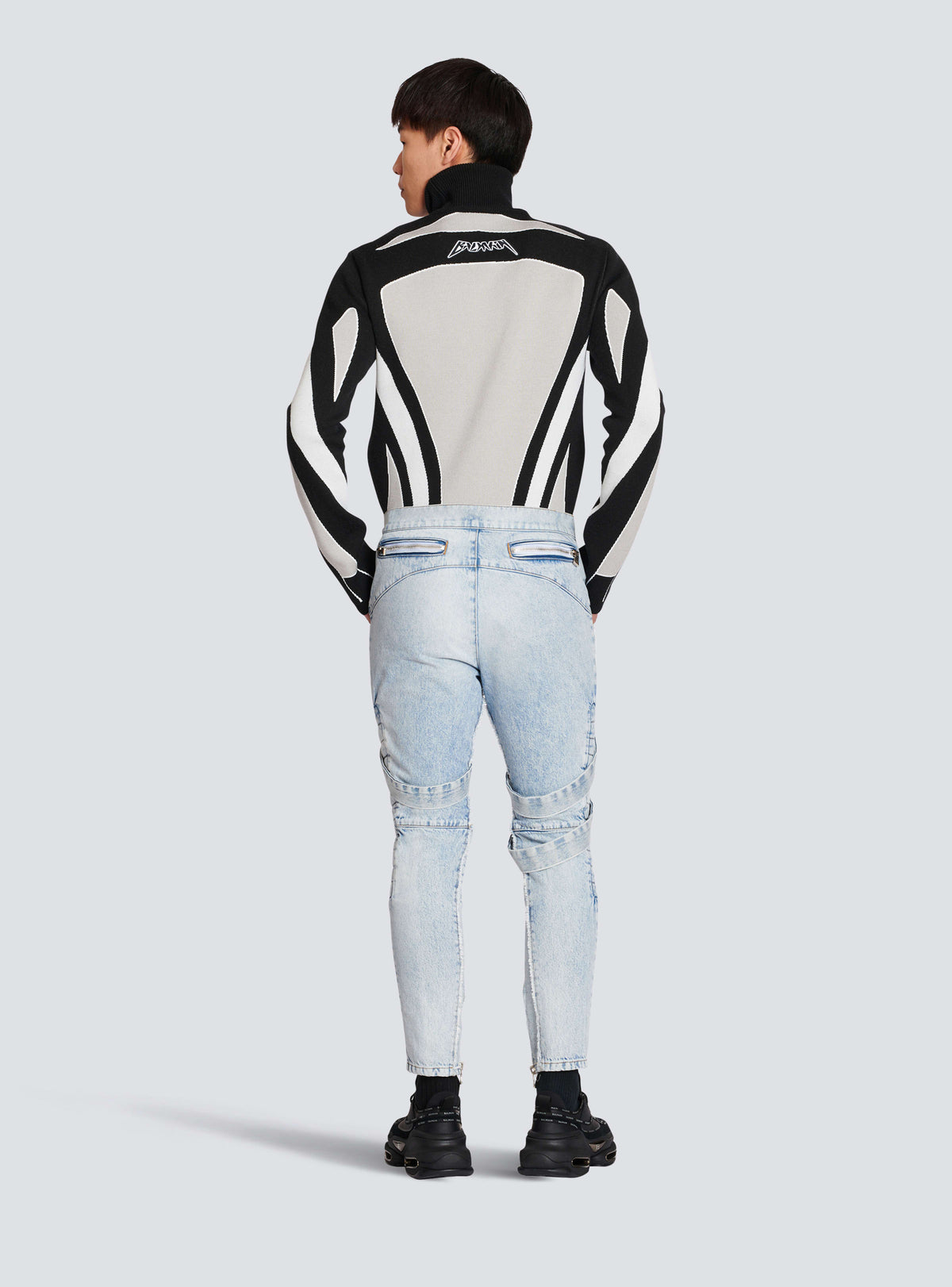 BALMAIN MEN'S LIGHT BLUE MULTI-STRAP DENIM PANTS