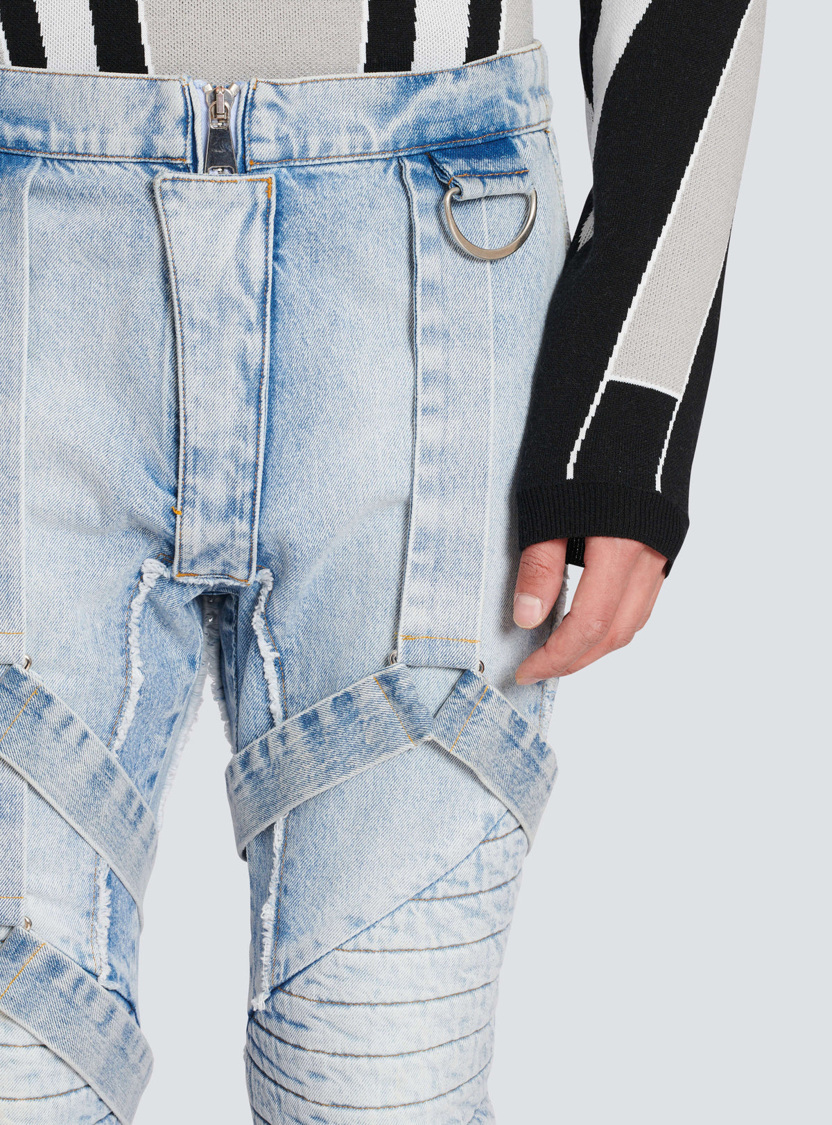 BALMAIN MEN'S LIGHT BLUE MULTI-STRAP DENIM PANTS