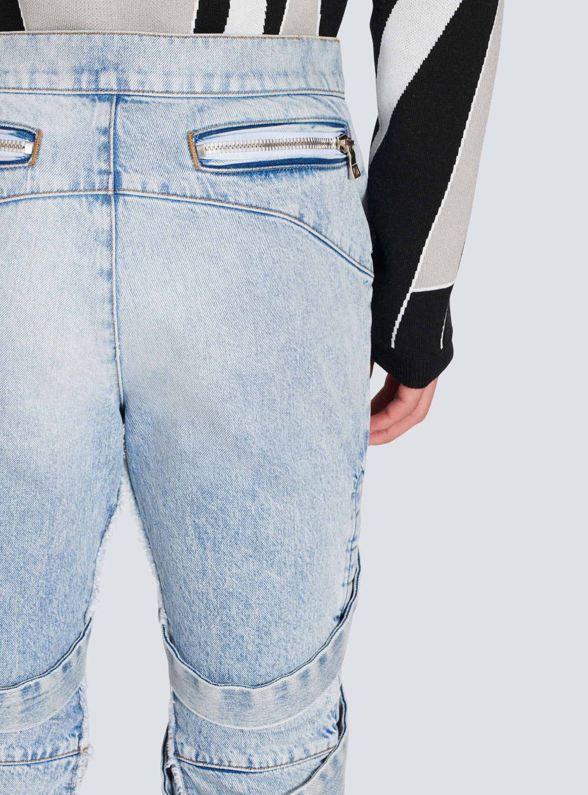 BALMAIN MEN'S LIGHT BLUE MULTI-STRAP DENIM PANTS