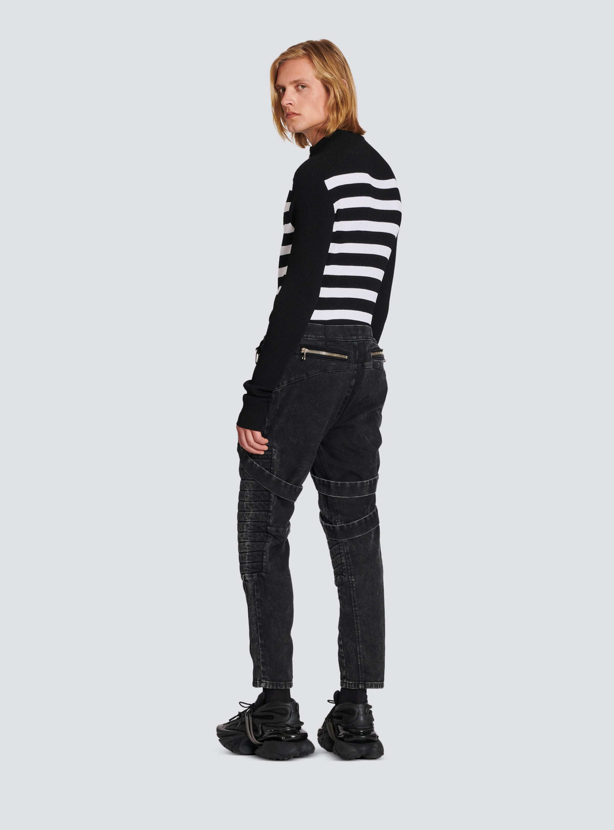 BALMAIN MEN'S BLACK ACID WASH DENIM PANTS WITH STRAPS