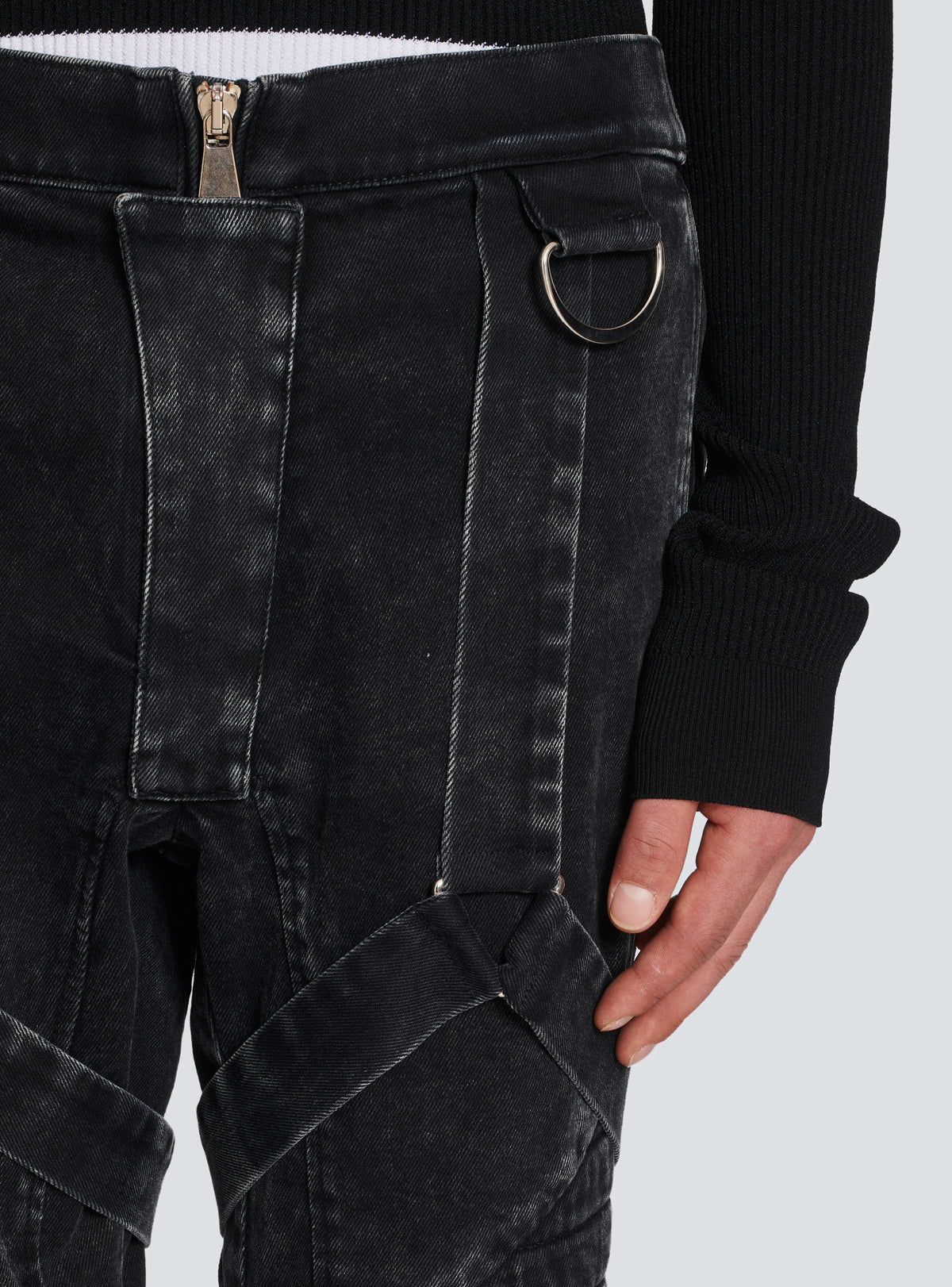 BALMAIN MEN'S BLACK ACID WASH DENIM PANTS WITH STRAPS