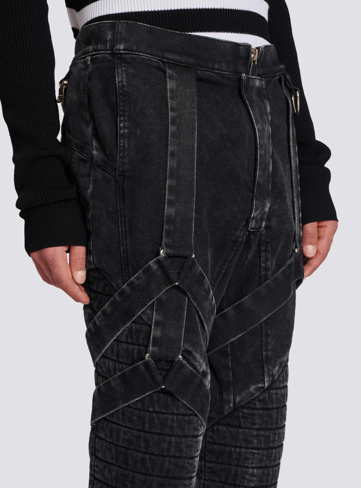 BALMAIN MEN'S BLACK ACID WASH DENIM PANTS WITH STRAPS