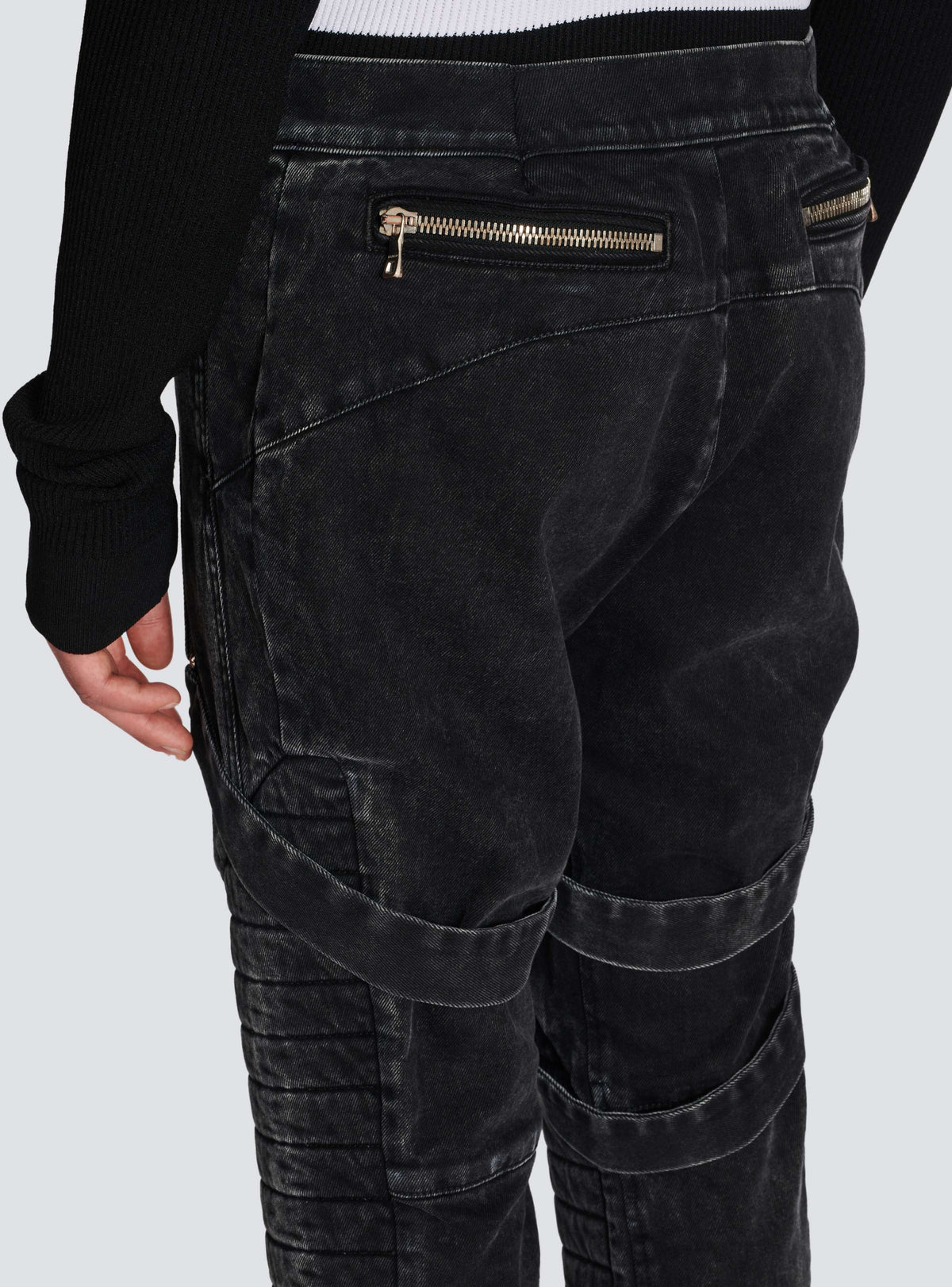 BALMAIN MEN'S BLACK ACID WASH DENIM PANTS WITH STRAPS