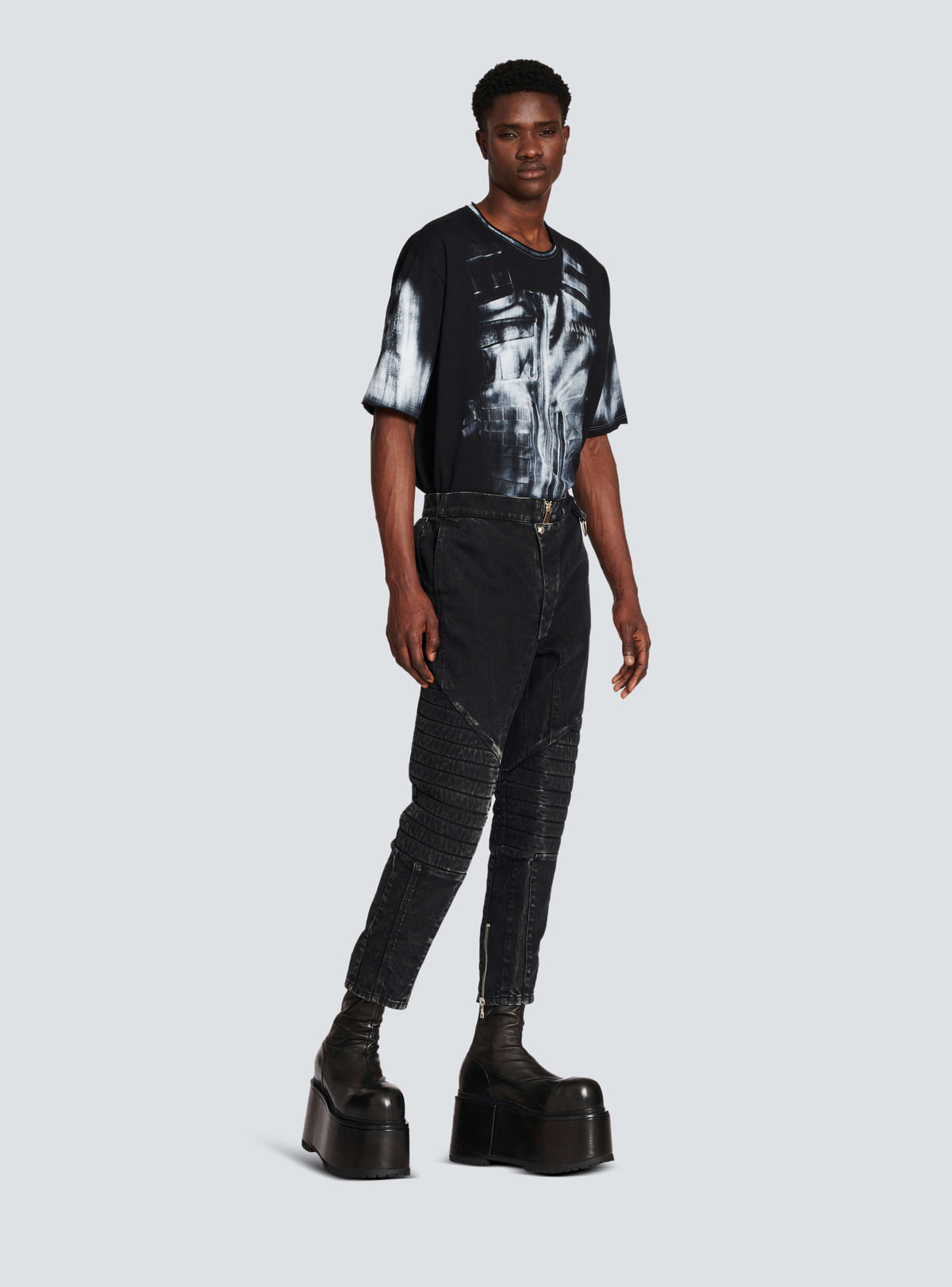 BALMAIN MEN'S BLACK ACID WASH DENIM PANTS