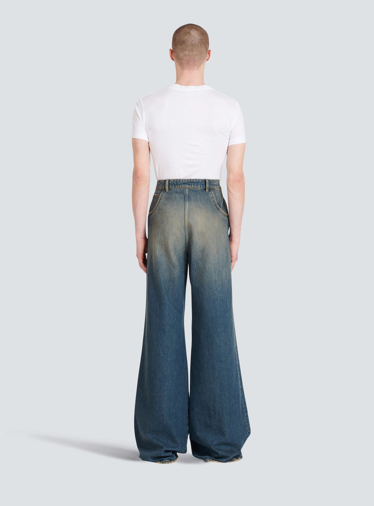 BALMAIN MEN'S LIGHT BLUE WIDE-LEG DENIM TROUSERS