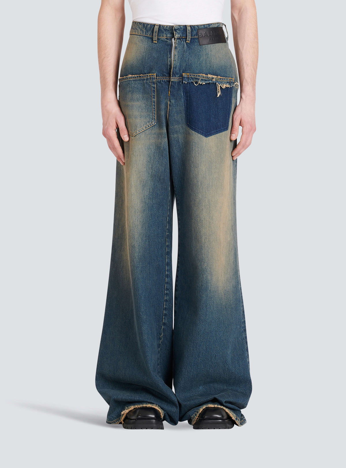 BALMAIN MEN'S LIGHT BLUE WIDE-LEG DENIM TROUSERS