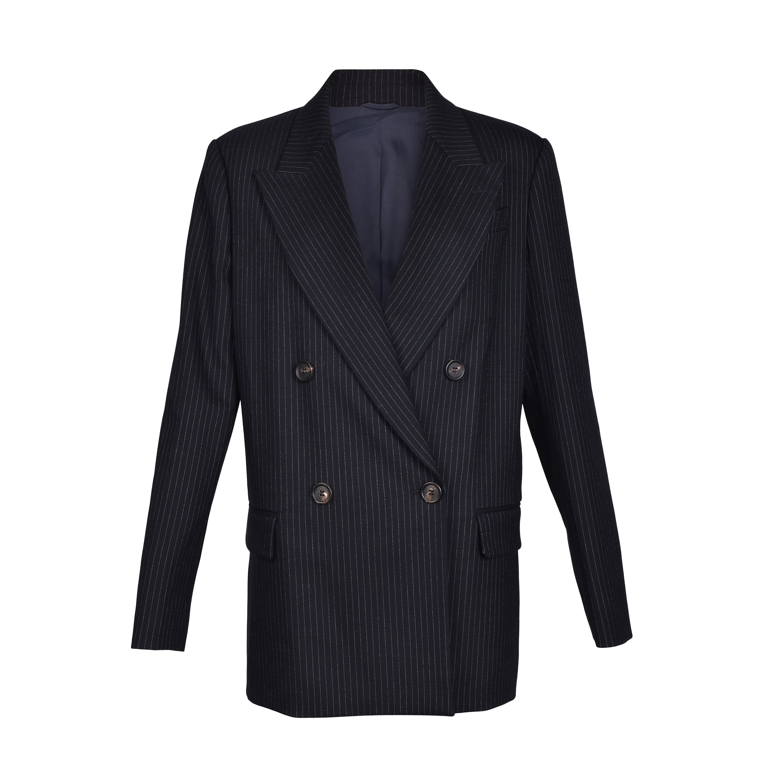 BRUNELLO CUCINELLI WOMEN'S BLUE VIRGIN WOOL PINSTRIPE BLAZER