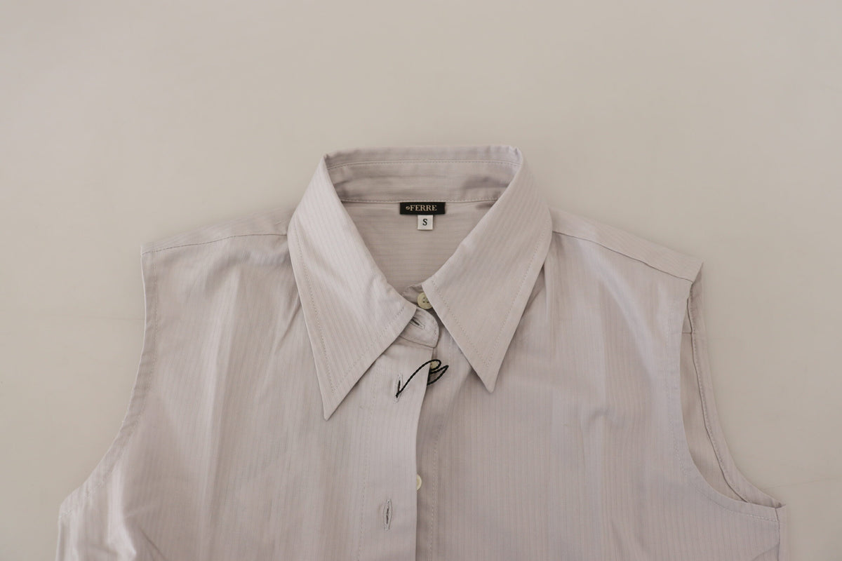 Ferre Light Gray Stripes Cotton Sleeveless Collared Top