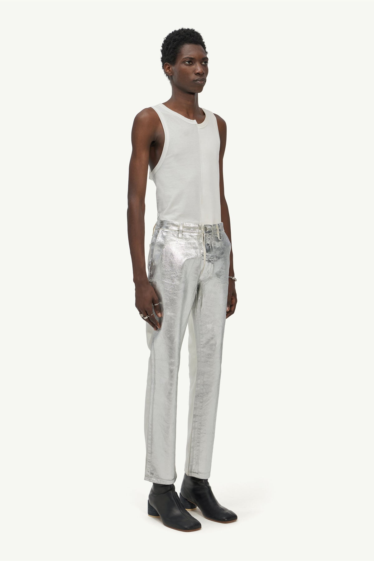 MAISON MARGIELA MEN'S SILVER METALLIC TAILORED TROUSERS