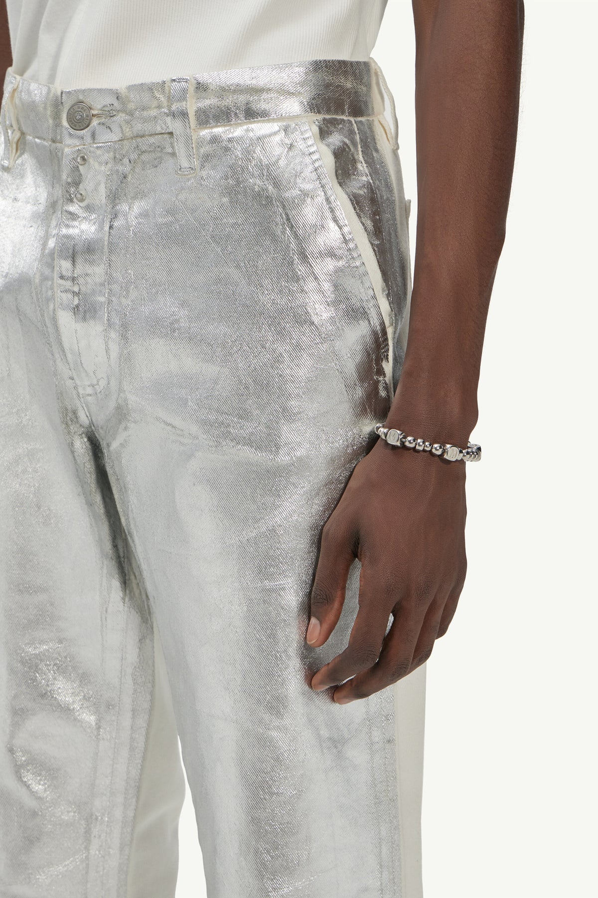 MAISON MARGIELA MEN'S SILVER METALLIC TAILORED TROUSERS