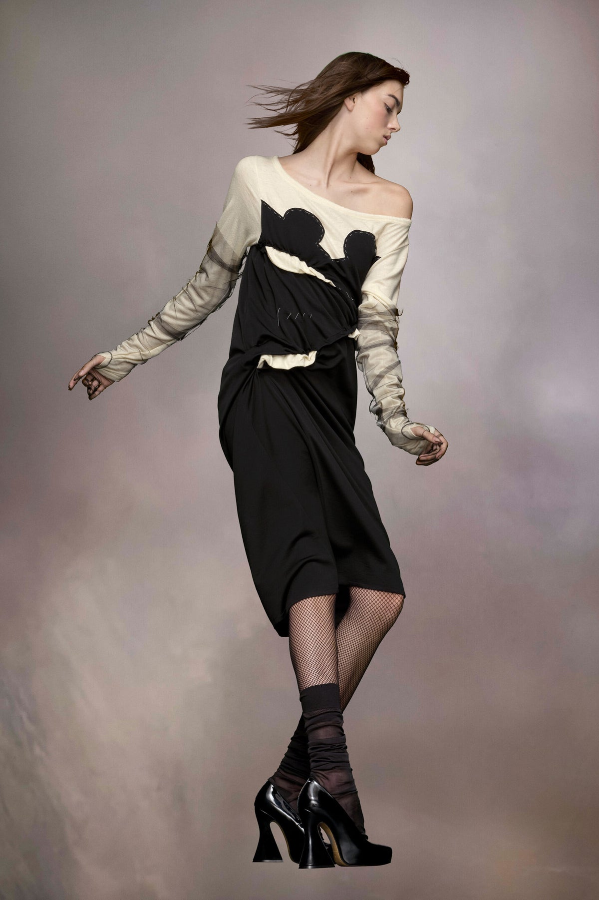 MAISON MARGIELA WOMEN'S BLACK CREAM DRAPED MIDI DRESS