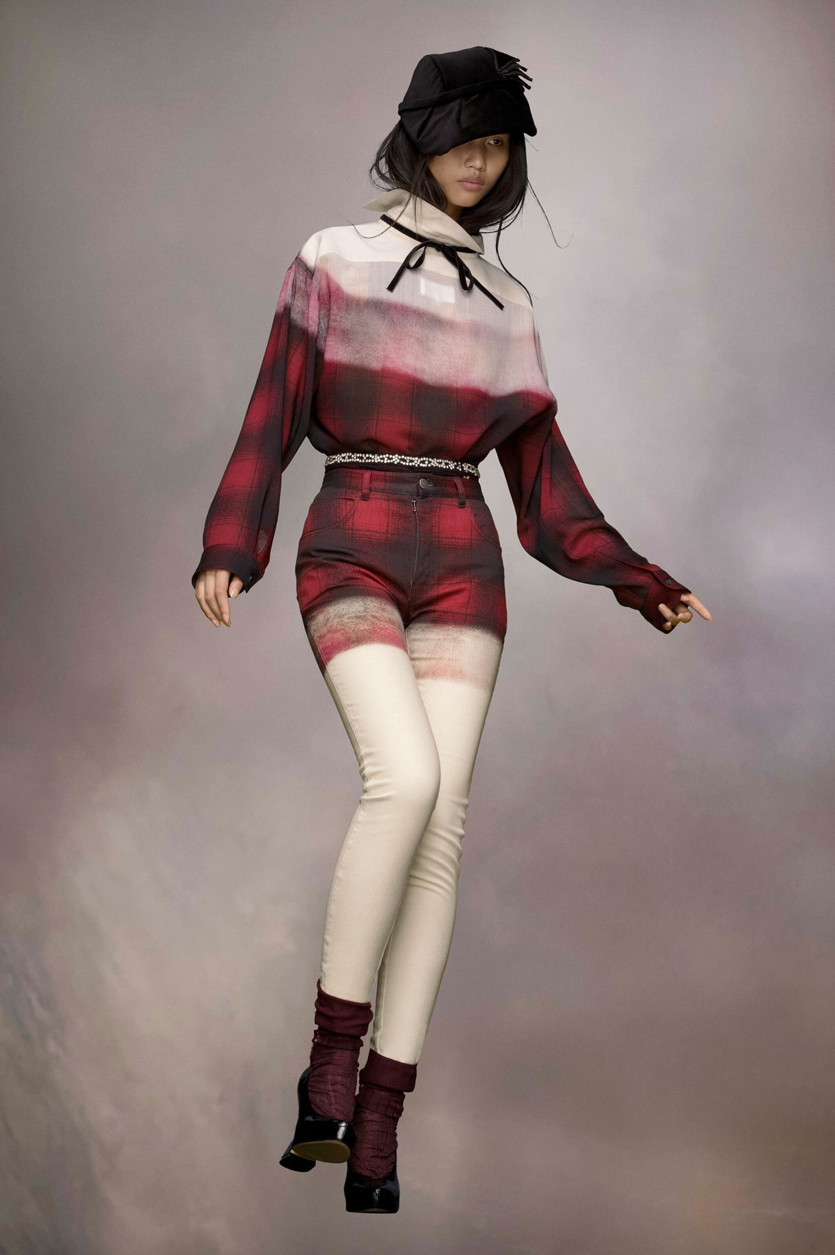 MAISON MARGIELA WOMEN'S RED PLAID OMBRE SKINNY TROUSERS