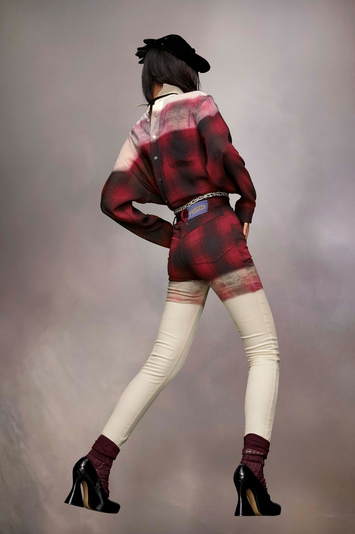 MAISON MARGIELA WOMEN'S RED PLAID OMBRE SKINNY TROUSERS