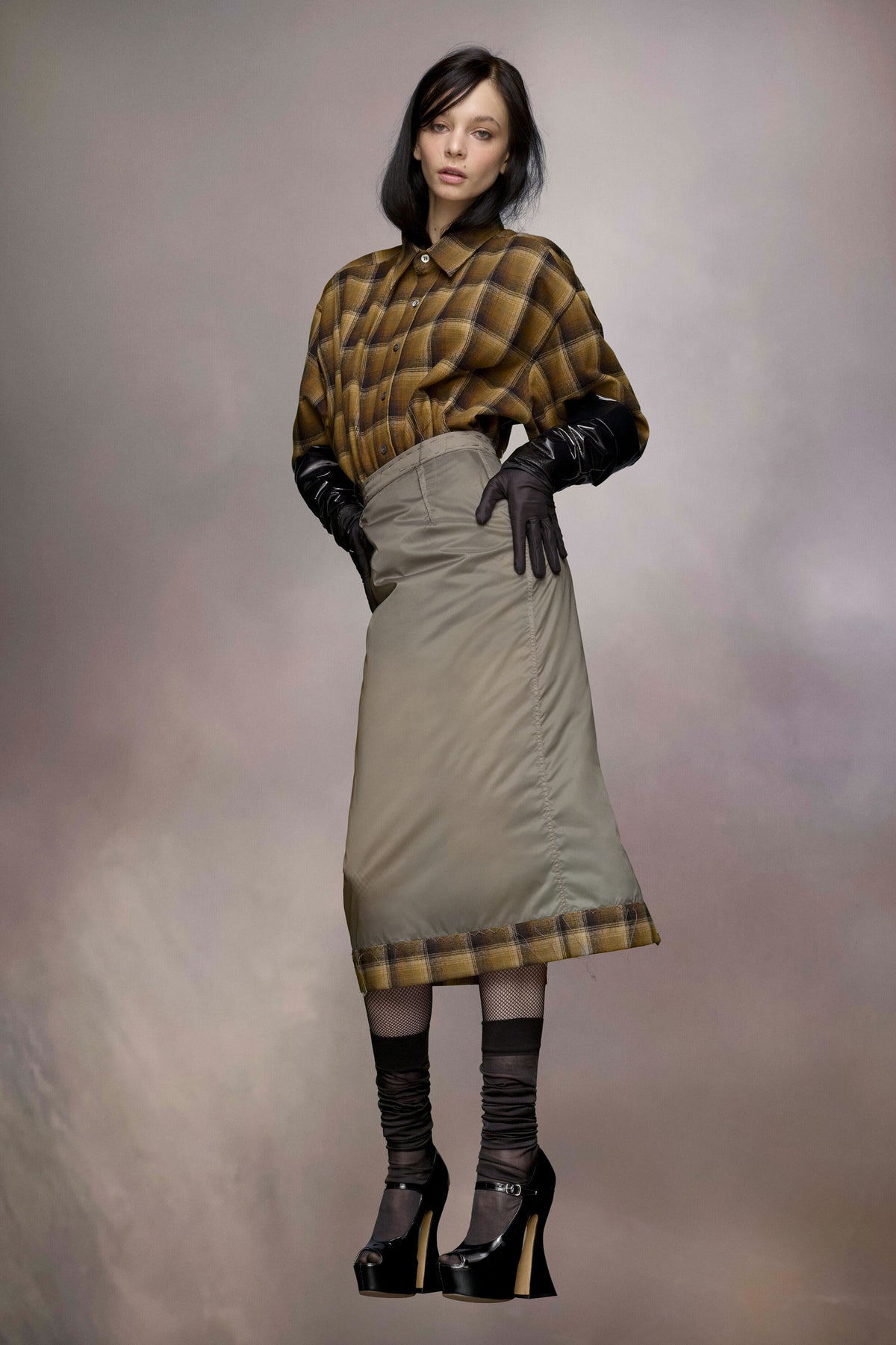 MAISON MARGIELA WOMEN'S DARK GREY MIDI SKIRT WITH PLAID HEM