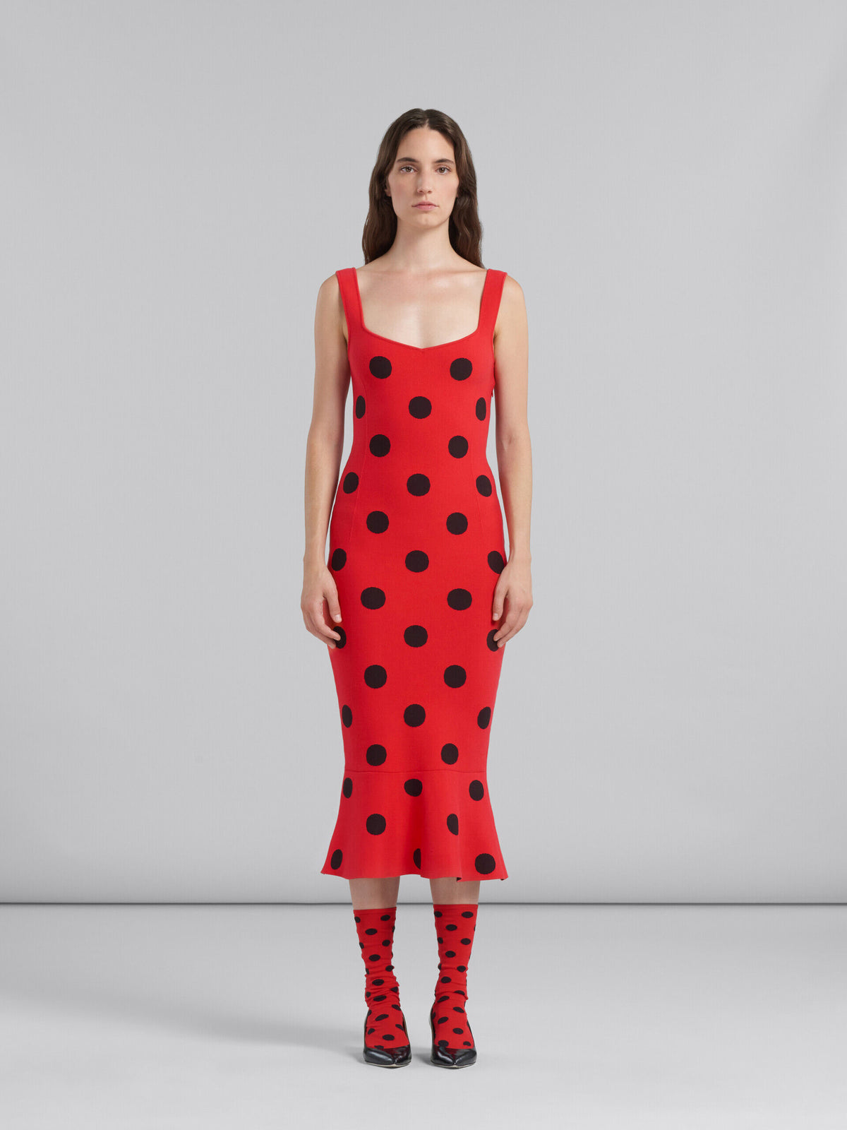 MARNI WOMEN'S RED POLKA DOT FLOUNCE DRESS
