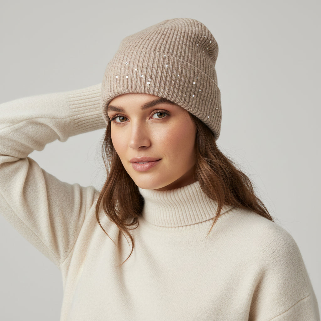 BRUNELLO CUCINELLI WOMEN'S BROWN CASHMERE SEQUIN KNIT BEANIE