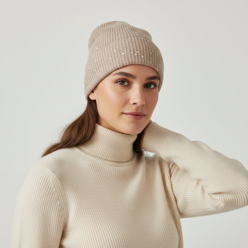BRUNELLO CUCINELLI WOMEN'S BROWN CASHMERE SEQUIN KNIT BEANIE