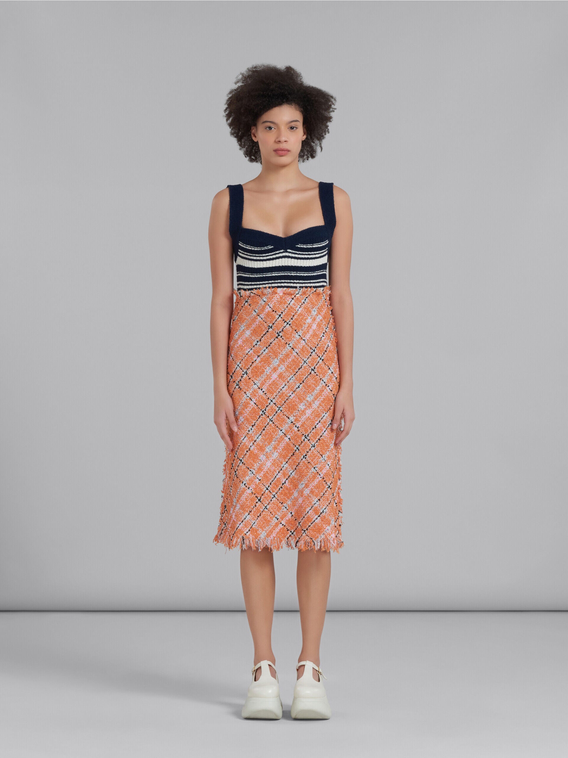 MARNI WOMEN'S NAVY ORANGE PLAID KNIT DRESS