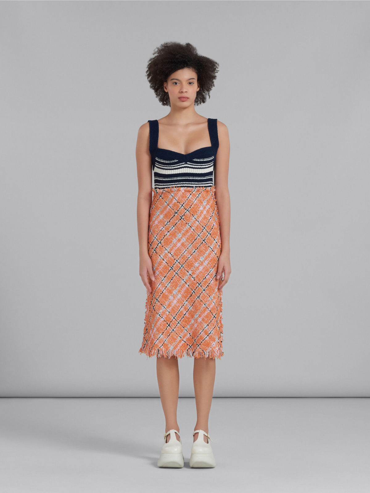 MARNI WOMEN'S NAVY ORANGE PLAID KNIT DRESS