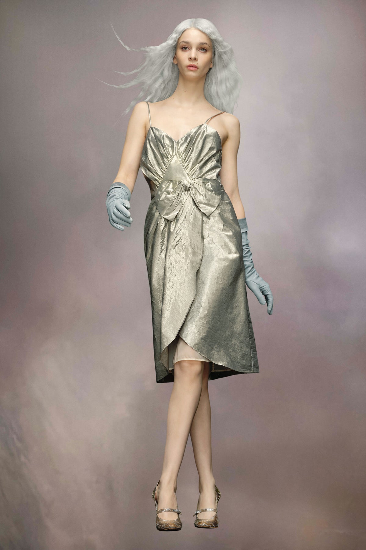 MAISON MARGIELA WOMEN'S SILVER METALLIC DRAPED MIDI DRESS