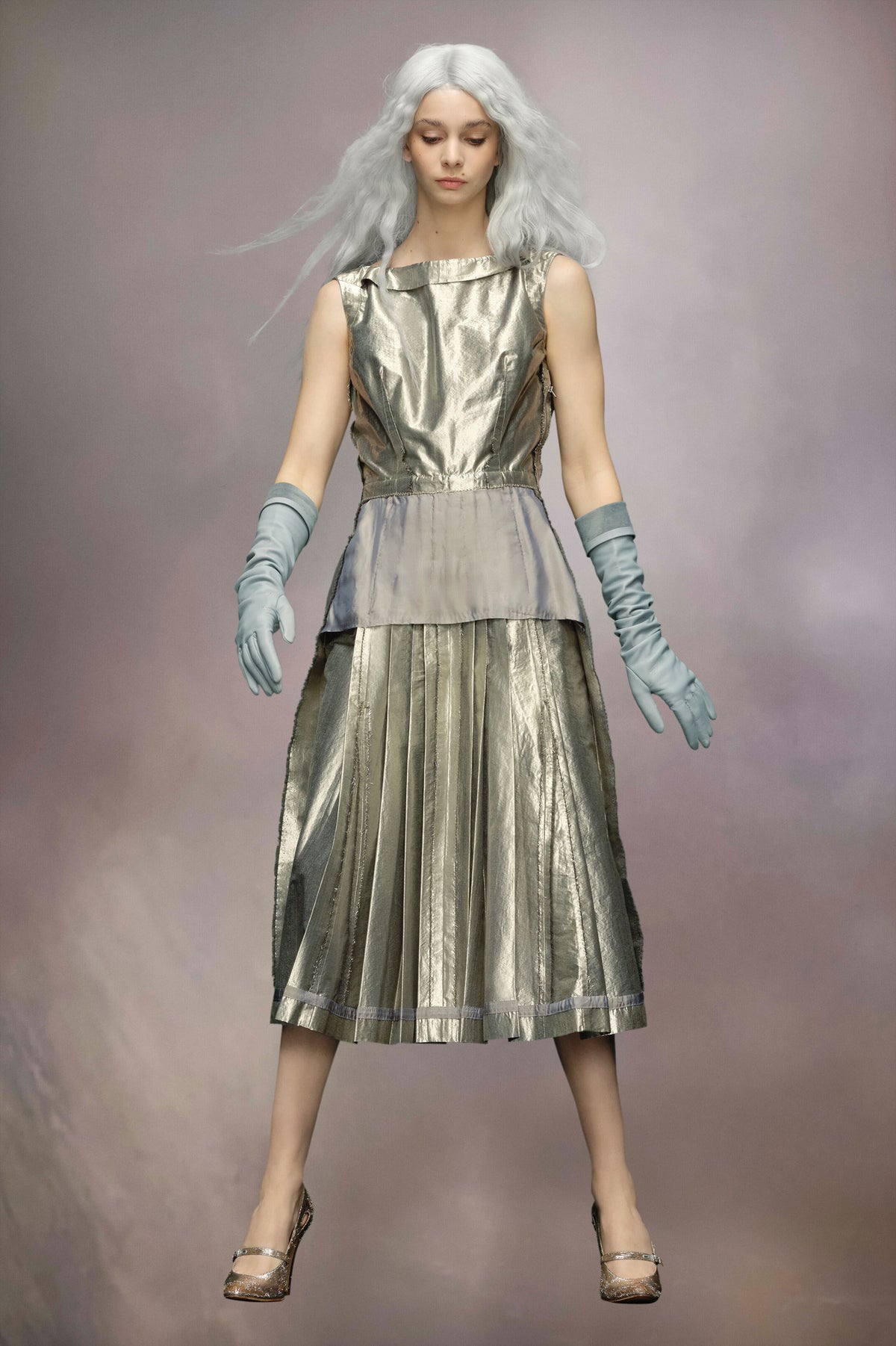 MAISON MARGIELA WOMEN'S SILVER METALLIC PLEATED MIDI DRESS