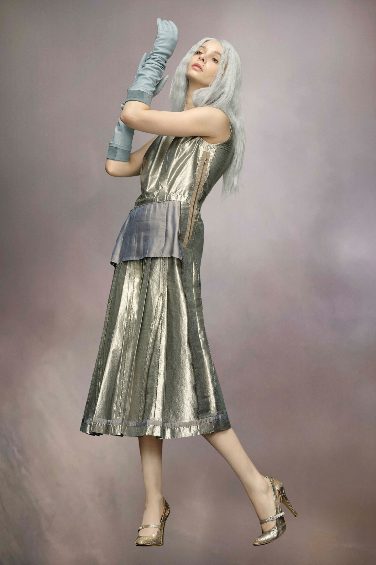MAISON MARGIELA WOMEN'S SILVER METALLIC PLEATED MIDI DRESS