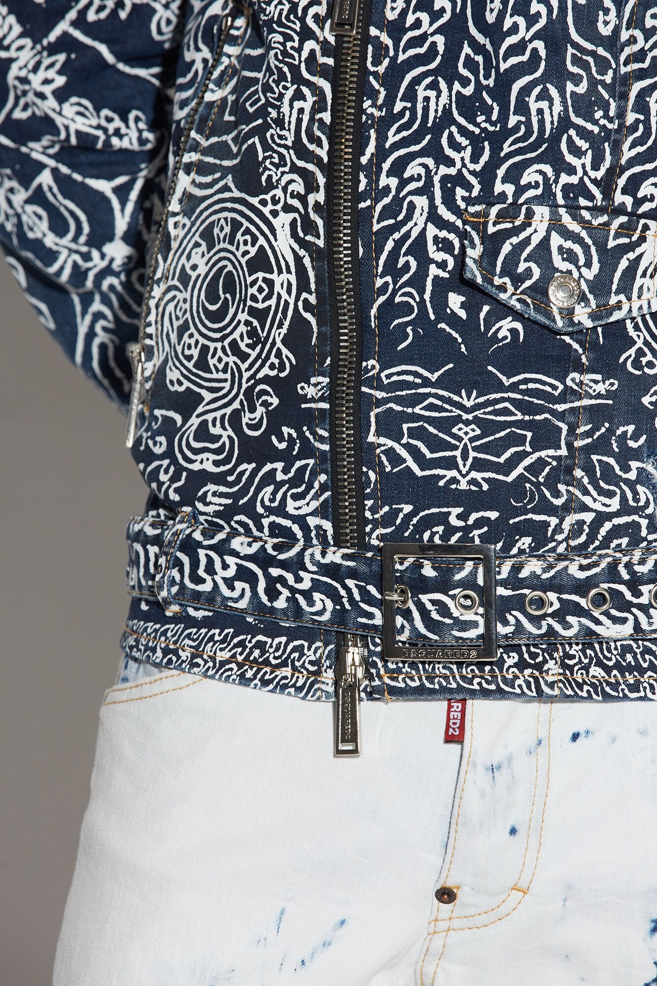 DSQUARED2 MEN'S NAVY PATTERNED BIKER JACKET