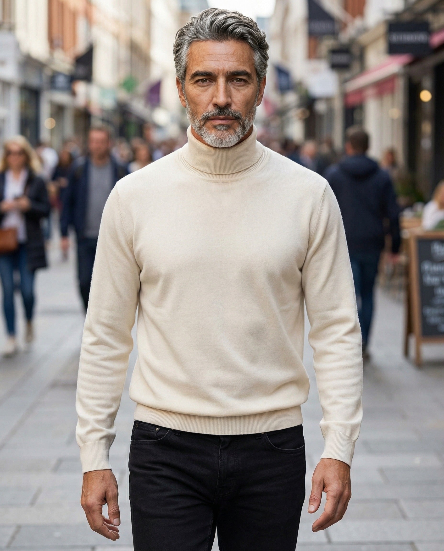 BRUNELLO CUCINELLI MEN'S OFF WHITE CASHMERE TURTLENECK SWEATER