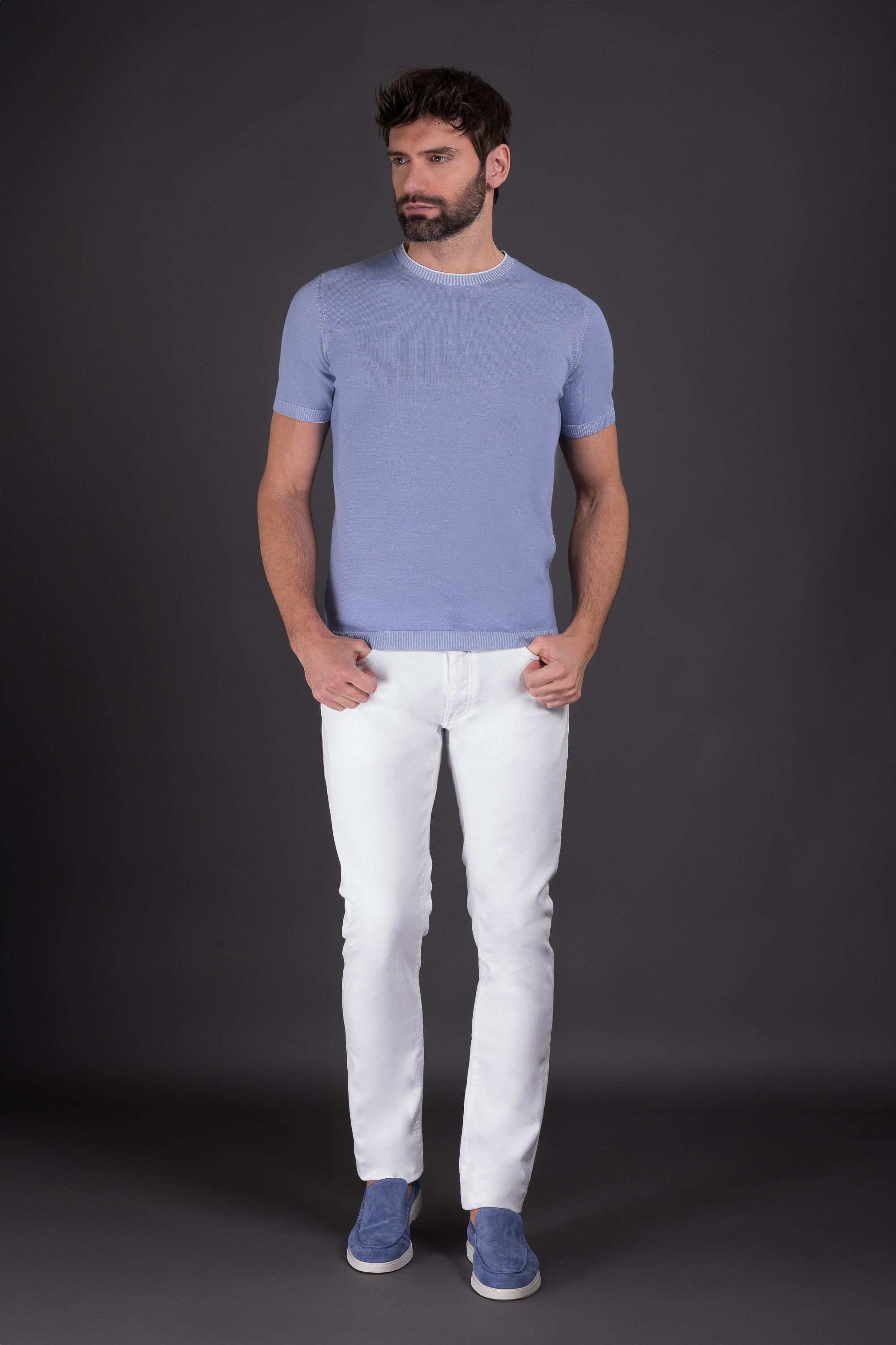 MOORER MEN'S LIGHT BLUE SHORT SLEEVE SWEATER