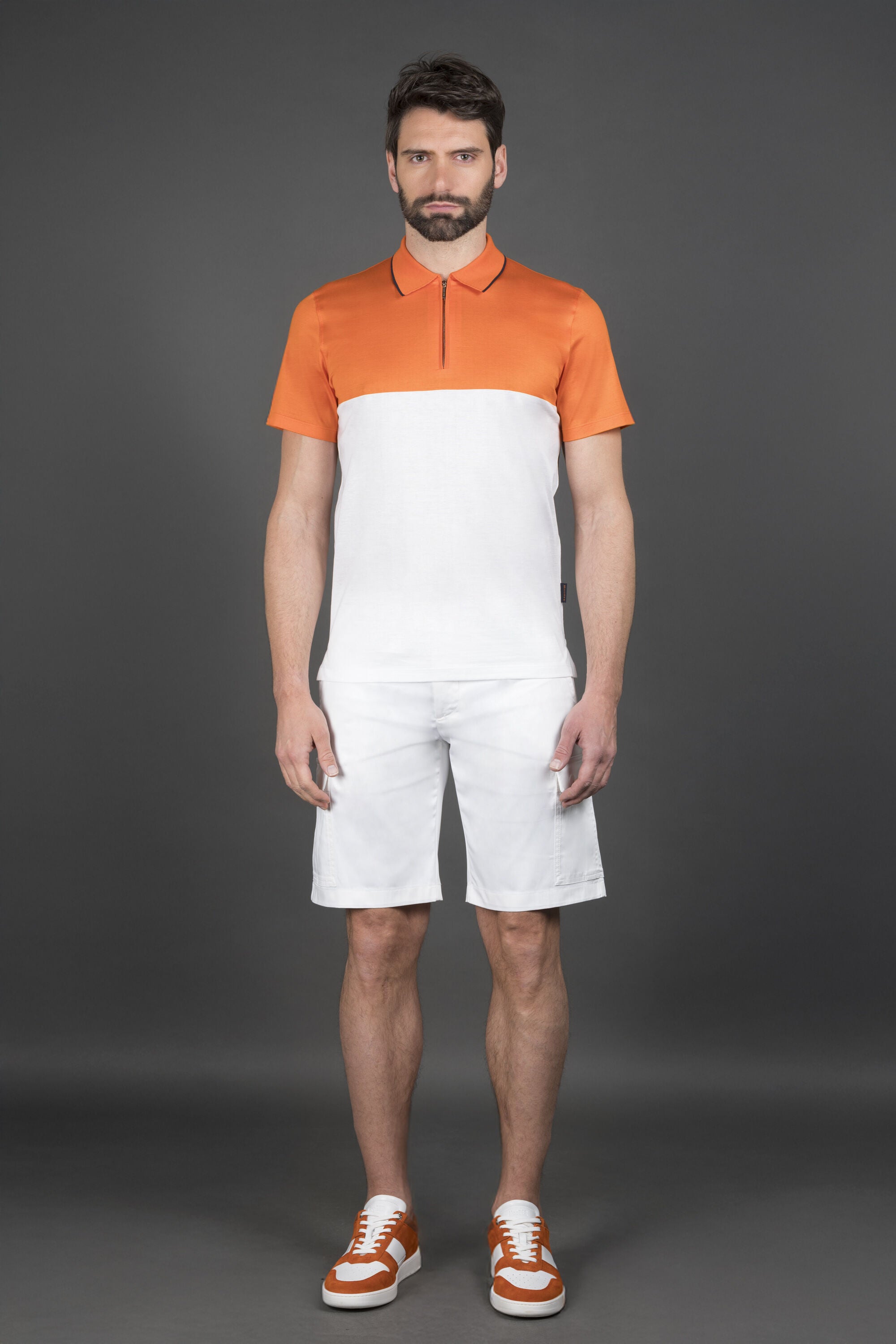 MOORER MEN'S ORANGE WHITE ZIP KNIT SWEATER