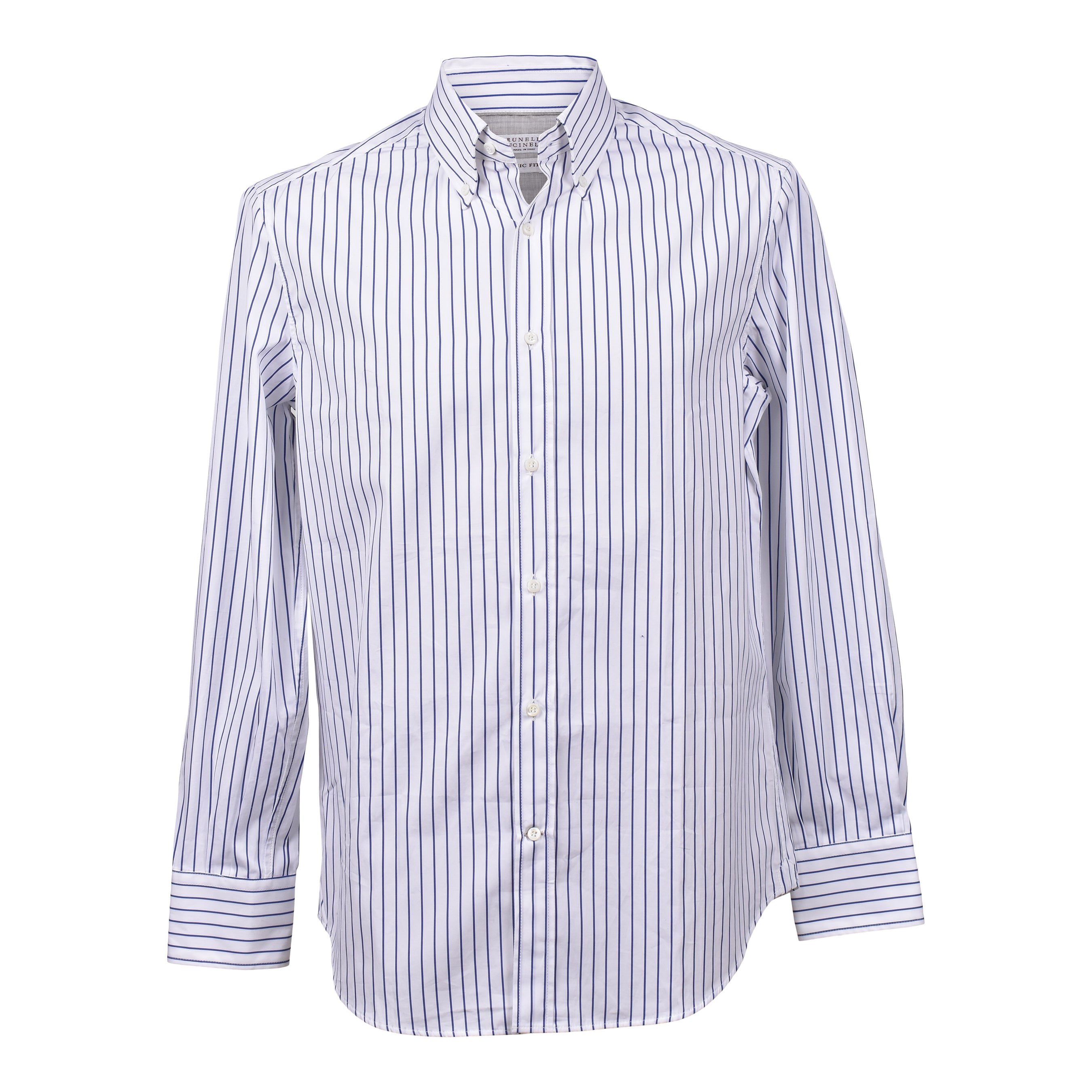 BRUNELLO CUCINELLI MEN'S WHITE BLUE STRIPED DRESS SHIRT