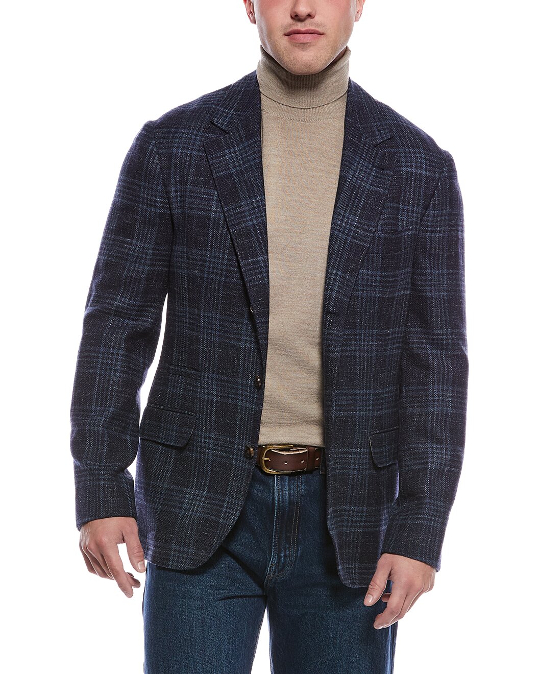 BRUNELLO CUCINELLI MEN'S NAVY PLAID TAILORED BLAZER
