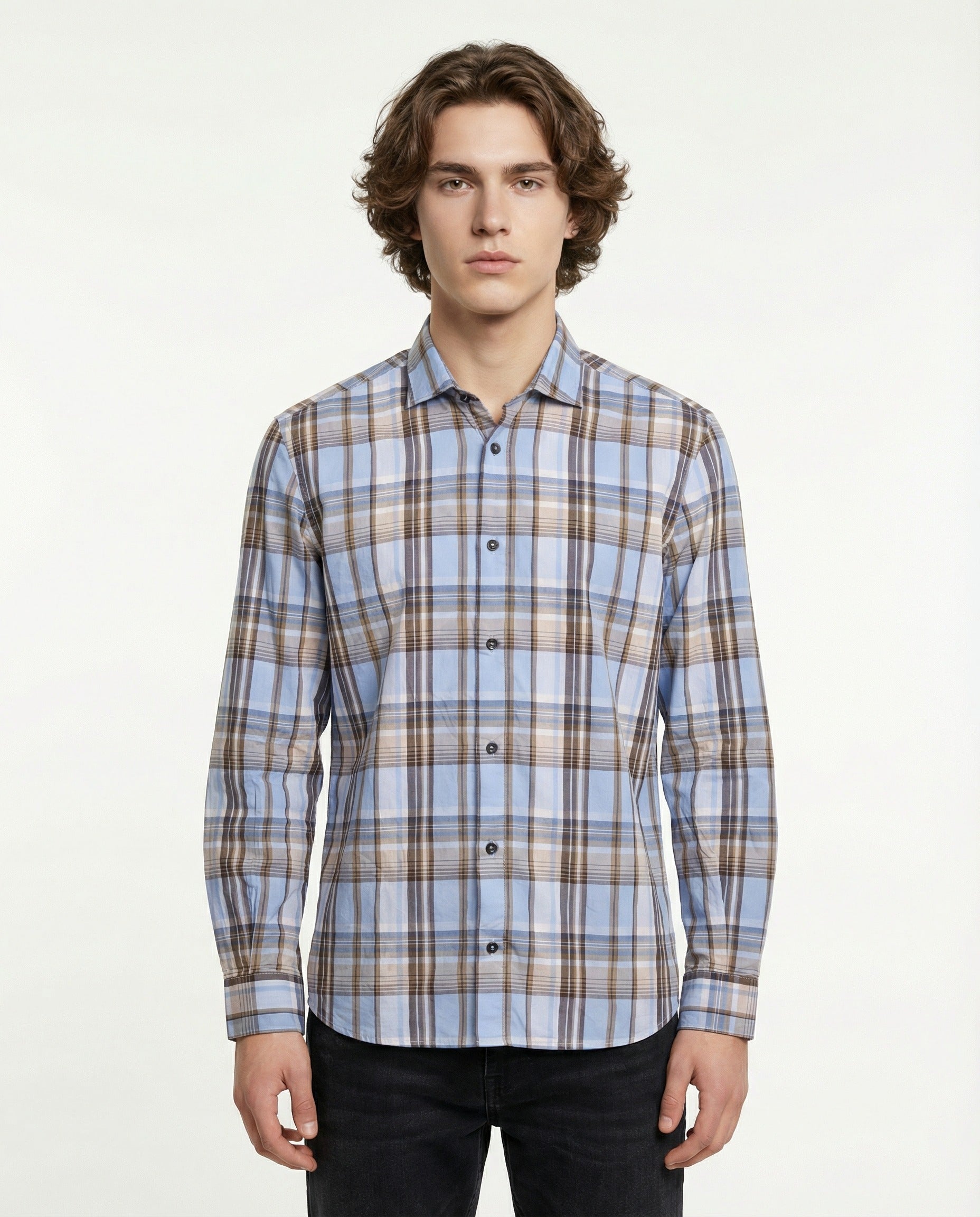 PESERICO MEN'S BLUE PLAID BUTTON-DOWN SHIRT