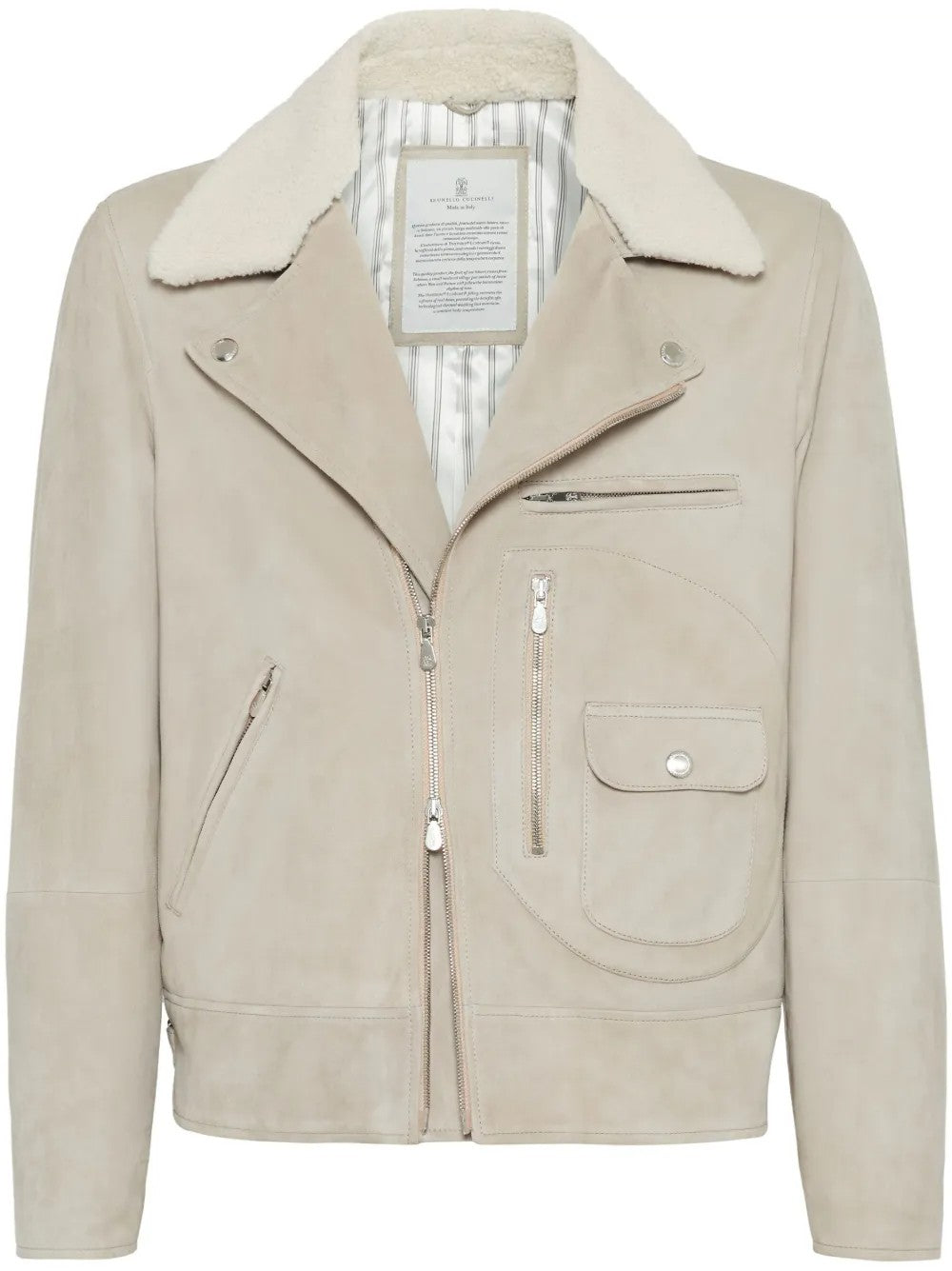 BRUNELLO CUCINELLI MEN'S BEIGE LEATHER SHEARLING JACKET