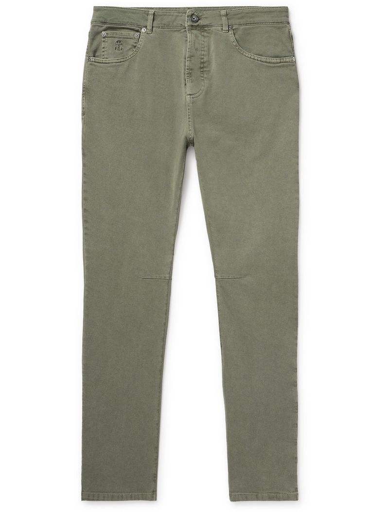 BRUNELLO CUCINELLI MEN'S OLIVE STRAIGHT-LEG TROUSERS