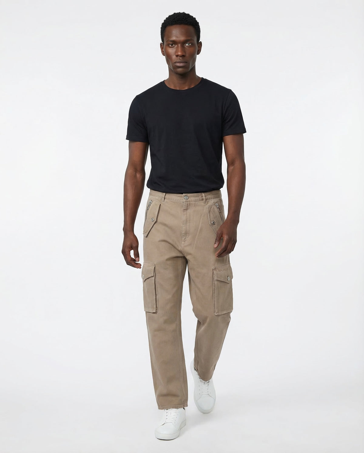 BALMAIN MEN'S BEIGE LOOSE COTTON CARGO TROUSERS