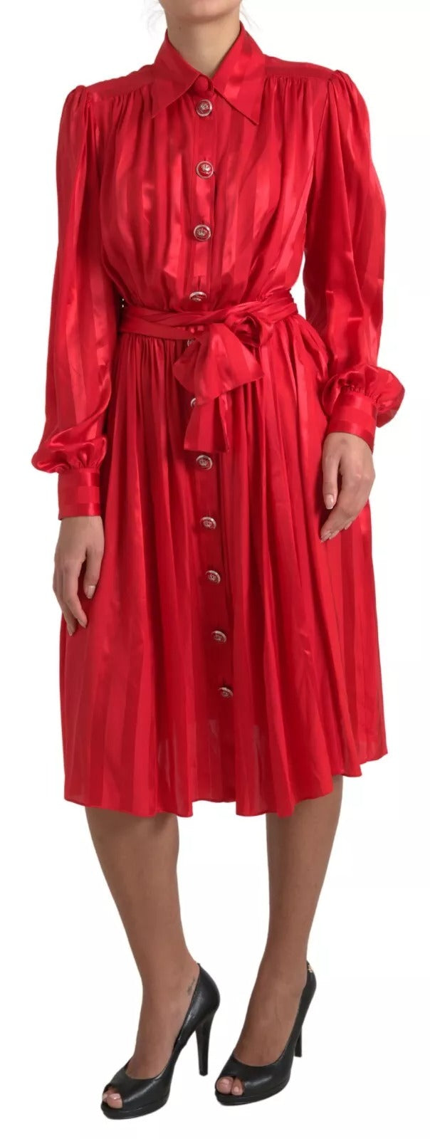 Dolce & Gabbana Red Button Down Belted Midi Satin Silk Dress
