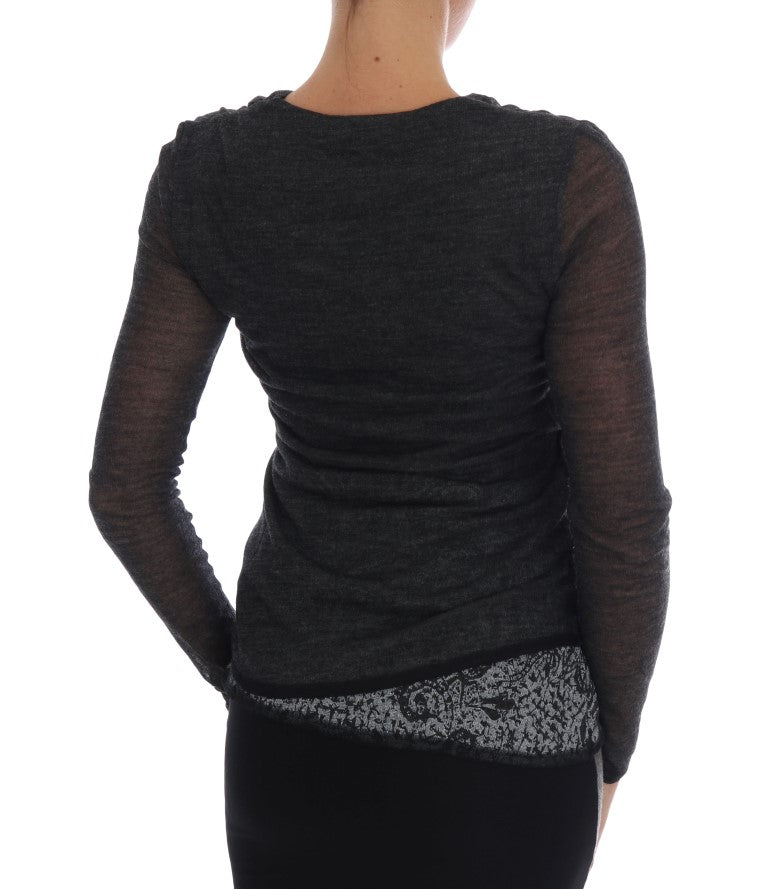 Ermanno Scervino Gray Wool Lace Top Long Sleeved T-shirt
