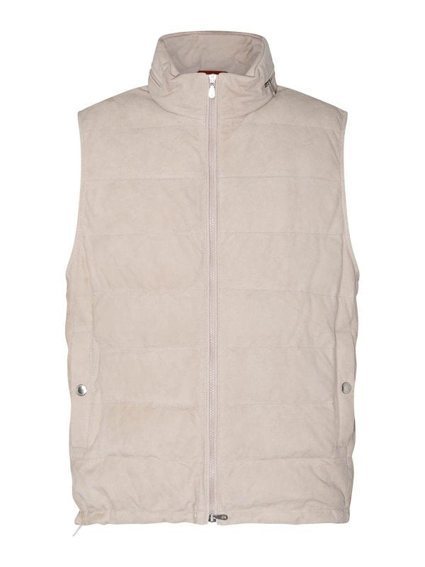 BRUNELLO CUCINELLI MEN'S BISCUIT LEATHER QUILTED VEST