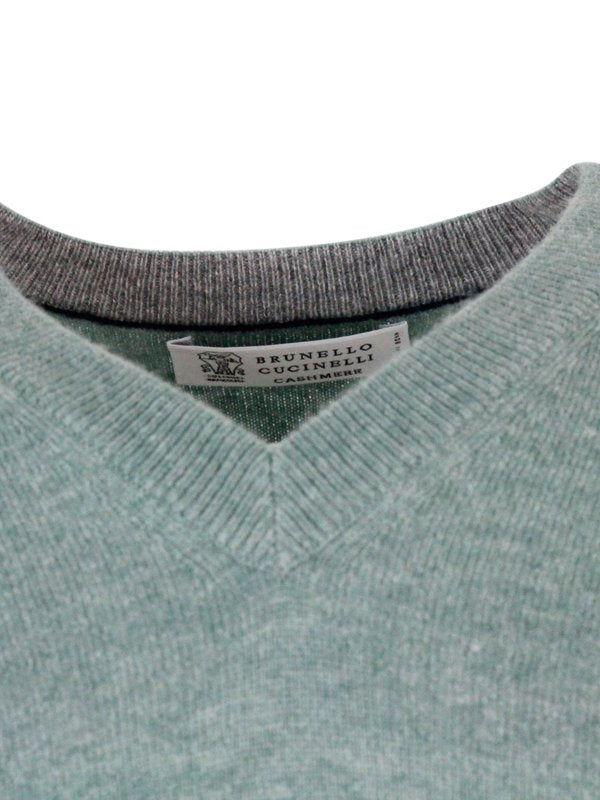BRUNELLO CUCINELLI MEN'S DENIM CASHMERE V-NECK SWEATER