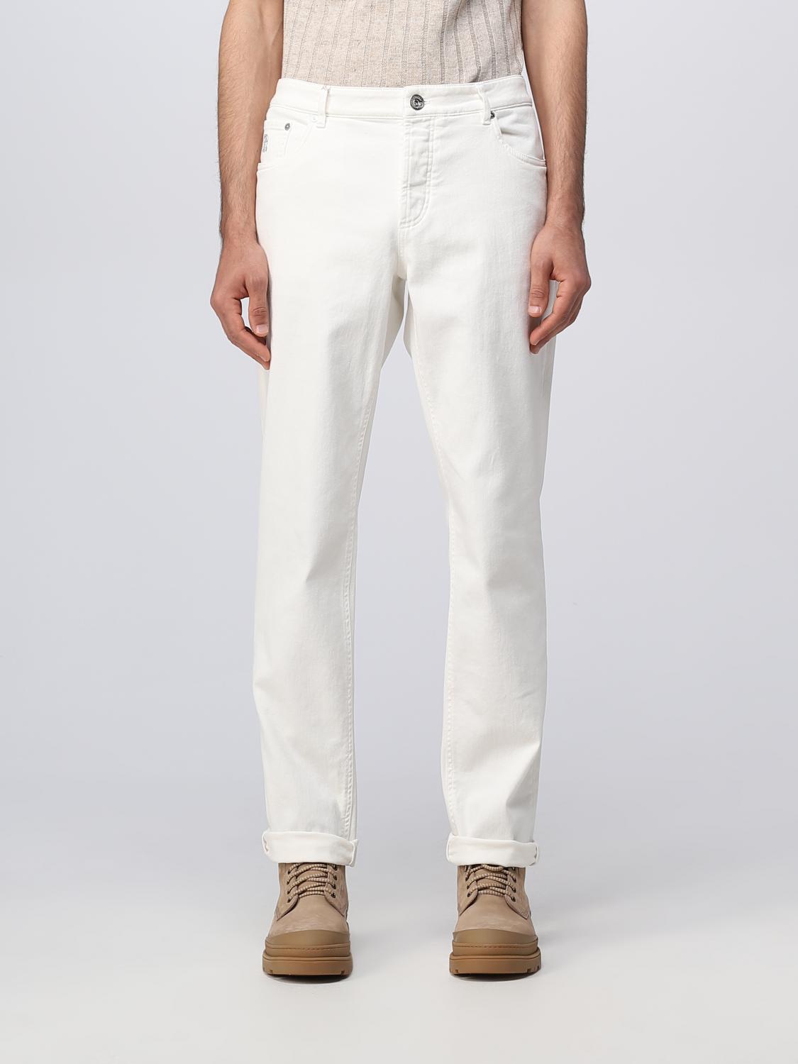 BRUNELLO CUCINELLI MEN'S WHITE TAILORED COTTON TROUSERS