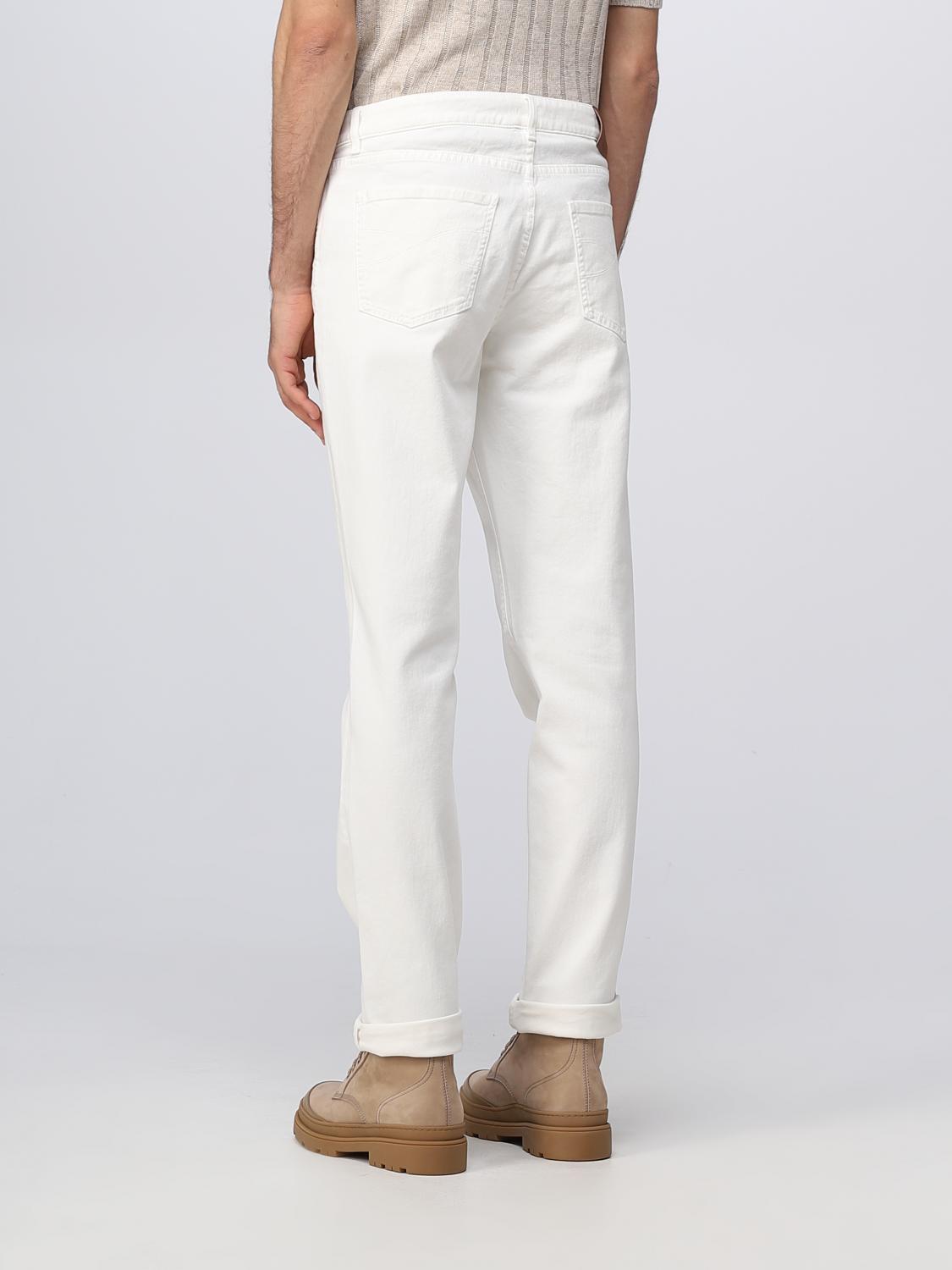 BRUNELLO CUCINELLI MEN'S WHITE TAILORED COTTON TROUSERS