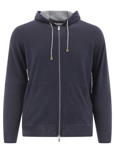 BRUNELLO CUCINELLI MEN'S NAVY WOOL ZIP-UP HOODIE