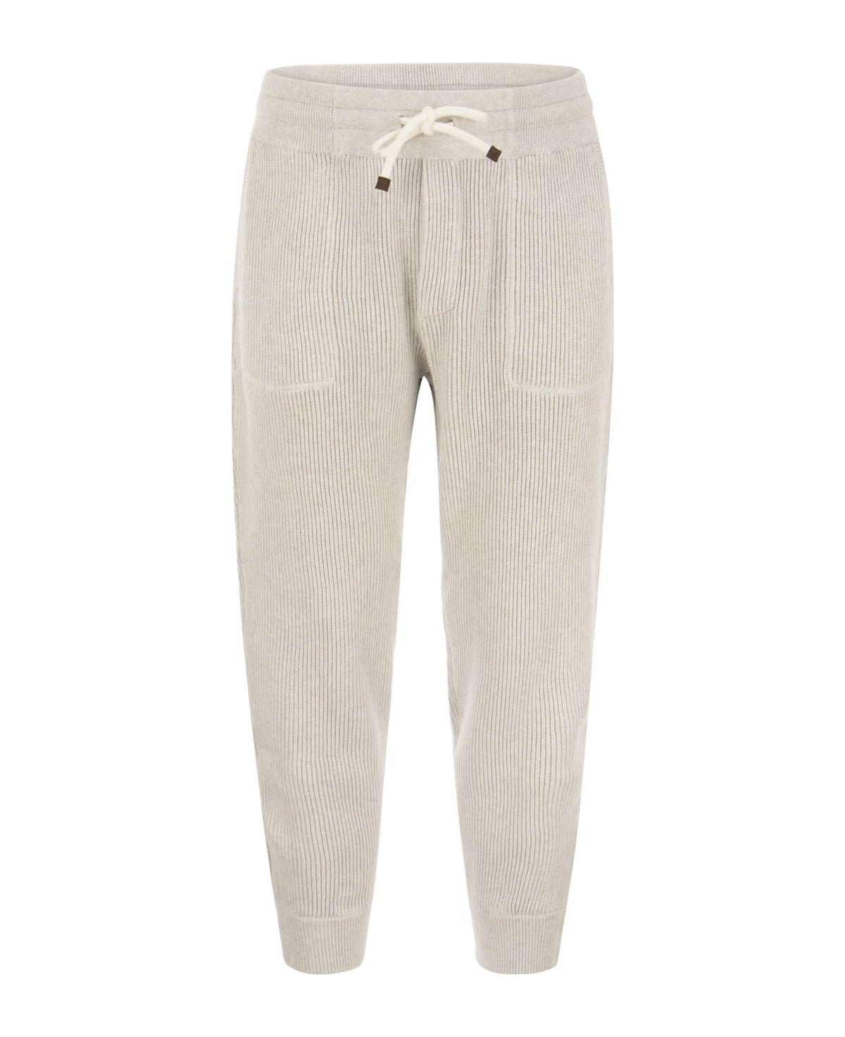 BRUNELLO CUCINELLI MEN'S LIGHT GREY RIBBED TROUSERS
